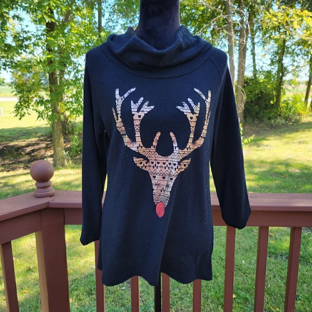 No Boundaries Black Long Sleeve Holiday Reindeer Pullover Hoodie Size L